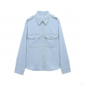 Women's Western Style Light Blue Denim Shirt Long Sleeve Button Up Lapel Workwear Blouse With Epaulettes And Double Chest Pockets For Spring Autumn Casual Fashion