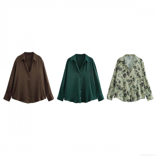 Women's Satin Silk-like Long Sleeve Shirt Elegant Lapel Button Down Blouse Loose Casual Streetwear Office Daily Fashion Tops For Lady