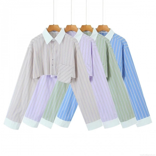 Women Striped Crop Shirt Cotton Blend Polyester Lapel Long Sleeve Single Pocket Button Down Casual Streetwear Spring Fashion Blouse Tops