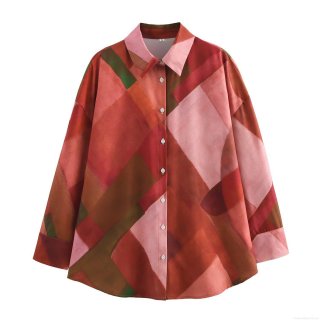 Women's Artistic Geometric Patchwork Satin Blouse Lapel Long Sleeve Button Down Loose Shirt Top For Spring Autumn Streetwear Fashion