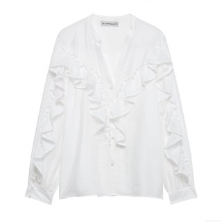 Women's V-Neck Ruffle Layered Blouse Long Sleeve White 100% Polyester Shirt Loose Fit Casual Streetwear Tops For Daily Dating Ladies Fashion Blouse