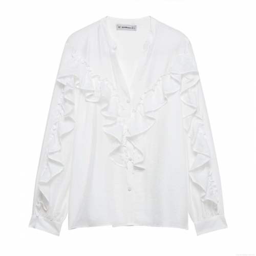 Women's V-Neck Ruffle Layered Blouse Long Sleeve White 100% Polyester Shirt Loose Fit Casual Streetwear Tops For Daily Dating Ladies Fashion Blouse