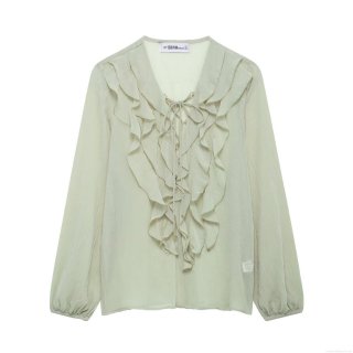 Women's Long Sleeve Blouse 100% Polyester Crinkled Fabric V-Neck Tie-Up Ruffled Decor Lantern Sleeve Western Street Style Solid Color Casual Pullover Top