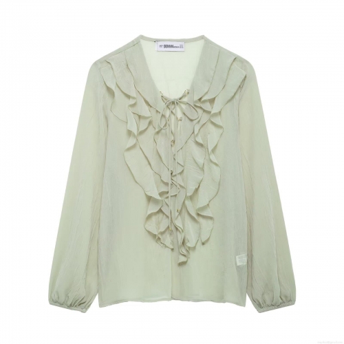 Women's Long Sleeve Blouse 100% Polyester Crinkled Fabric V-Neck Tie-Up Ruffled Decor Lantern Sleeve Western Street Style Solid Color Casual Pullover Top