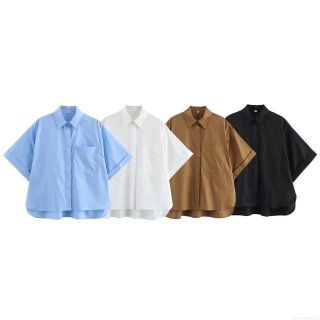 Women's Poplin Short Sleeve Lapel Shirt With Pocket Solid Color Polyester Patchwork Loose Blouse Top For Streetwear Office Casual Women Clothing