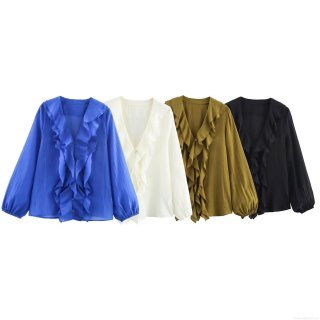 Women's Elegant V Neck Ruffle Long Sleeve Blouse Solid Color Polyester Chiffon Style Shirt Lantern Sleeve Casual Tops for Party Streetwear