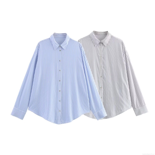 Women's Striped Satin Blouse Loose Fit Long Sleeve Button Up Shirt Casual Lapel Top For Women Spring Autumn Streetwear Outerwear