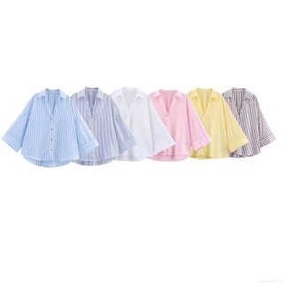 Women's Casual Linen Blend V-Neck Striped Blouse Loose Fit Button Down 3/4 Sleeve Shirt Office Lady Solid Color Summer Streetwear Tops