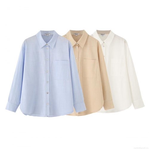 Women Loose Casual Long Sleeve Blouse Lapel Button Down Solid Color Shirt Top With Chest Pocket For Daily Office Wear