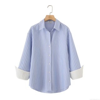 Women's Striped Oxford Shirt Long Sleeve Button Down Blouse Casual Loose Fit Top With Contrast Cuff Design Fashion Office Wear Streetwear Women Clothing
