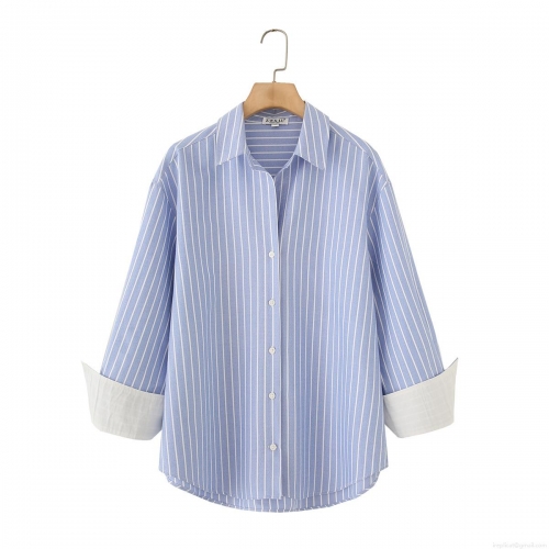 Women's Striped Oxford Shirt Long Sleeve Button Down Blouse Casual Loose Fit Top With Contrast Cuff Design Fashion Office Wear Streetwear Women Clothing