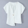 Women's Elegant V Neck Short Sleeve Top Textured Crepe Blouse Asymmetrical Hem With Gold Heart Button Summer Casual Fashion Streetwear White