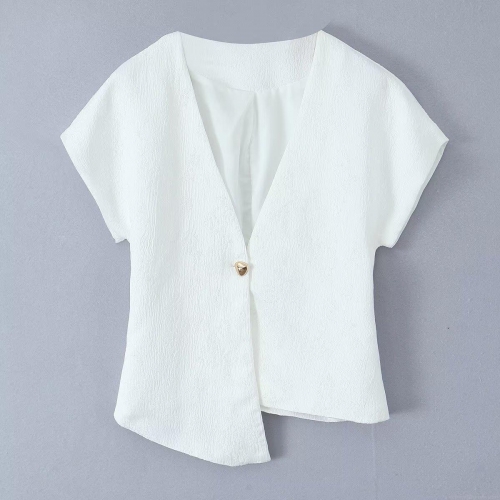 Women's Elegant V Neck Short Sleeve Top Textured Crepe Blouse Asymmetrical Hem With Gold Heart Button Summer Casual Fashion Streetwear White
