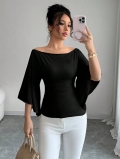 Women's Off Shoulder Flare Sleeve Blouse 95% Polyester 5% Elastane Slim Fit Solid Color Top Elegant Retro Bodycon Shirt For Daily Party Date
