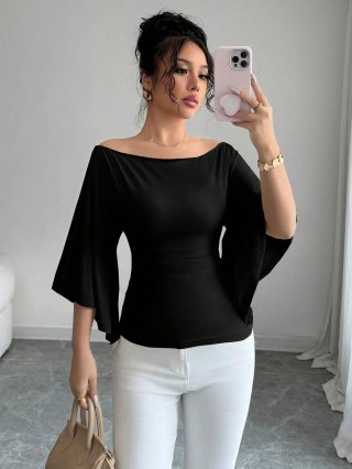 Women's Off Shoulder Flare Sleeve Blouse 95% Polyester 5% Elastane Slim Fit Solid Color Top Elegant Retro Bodycon Shirt For Daily Party Date