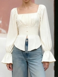 Women's Vintage French Square Neck Puff Sleeve Blouse Elegant Slim Waisted Textured Polyester Chiffon Shirt With Flared Long Sleeves Casual Dating Top