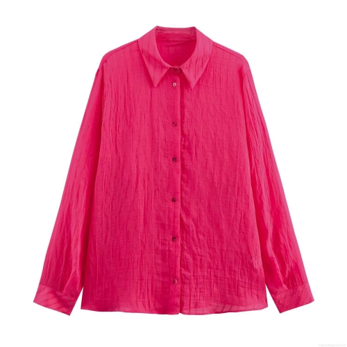 Women Hot Pink Long Sleeve Blouse Pleated Texture Shirt Lapel Single Breasted Button Down Casual Loose Top Lightweight Streetwear Fashion Ladies Clothing