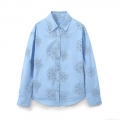 Women Fashion Casual Embroidery Poplin Shirt Hollow Out Flower Long Sleeve Turn-Down Collar Loose Blouse Light Blue Cotton Blend Streetwear Top