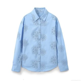 Women Fashion Casual Embroidery Poplin Shirt Hollow Out Flower Long Sleeve Turn-Down Collar Loose Blouse Light Blue Cotton Blend Streetwear Top