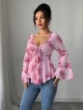 Women's French Sweet Floral Chiffon Top Elegant Long Flare Sleeve Tie Front Bow V-Neck Slim Fit Cropped Blouse For Daily Dating Party