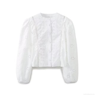 Elegant Women's White Eyelet Embroidered Blouse 85% Cotton Long Sleeve Round Neck Button Down Shirt Street Style Chic Top for Women