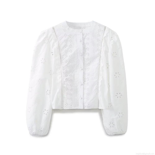 Elegant Women's White Eyelet Embroidered Blouse 85% Cotton Long Sleeve Round Neck Button Down Shirt Street Style Chic Top for Women