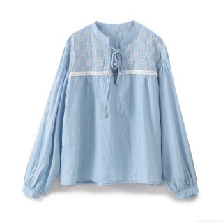 Women's Light Blue Embroidered Blouse V-Neck Lace-Up Loose Textured Fabric Shirt Bohemian Casual Long Sleeve Top For Daily Travel