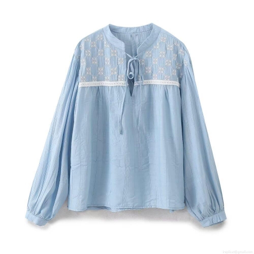 Women's Light Blue Embroidered Blouse V-Neck Lace-Up Loose Textured Fabric Shirt Bohemian Casual Long Sleeve Top For Daily Travel
