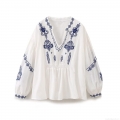 Women Bohemian V Neck Cotton Polyester Blouse With Blue Ethnic Embroidery Long Lantern Sleeve Casual Smocked Waist Pullover Shirt Top For Ladies