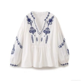 Women Bohemian V Neck Cotton Polyester Blouse With Blue Ethnic Embroidery Long Lantern Sleeve Casual Smocked Waist Pullover Shirt Top For Ladies