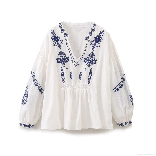 Women Bohemian V Neck Cotton Polyester Blouse With Blue Ethnic Embroidery Long Lantern Sleeve Casual Smocked Waist Pullover Shirt Top For Ladies