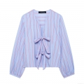 Women Casual Striped Poplin Long Sleeve Shirt With Bow Tie V-Neck Fashion Streetwear Spring Autumn Blouse Tops