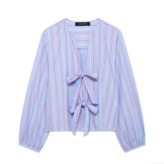 Women Casual Striped Poplin Long Sleeve Shirt With Bow Tie V-Neck Fashion Streetwear Spring Autumn Blouse Tops