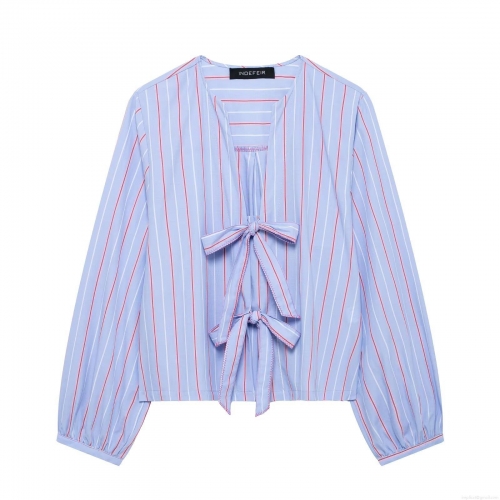 Women Casual Striped Poplin Long Sleeve Shirt With Bow Tie V-Neck Fashion Streetwear Spring Autumn Blouse Tops