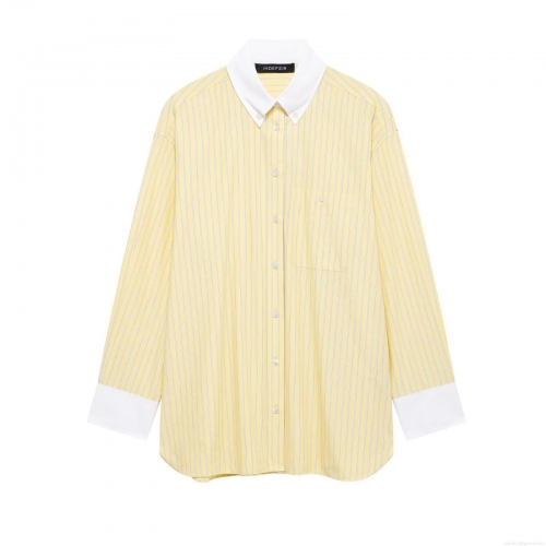 Women Striped Poplin Shirt Contrast Collar Cuffs Button Down Long Sleeve Blouse Casual Loose Daily Streetwear Fashion Tops For Women