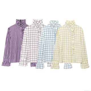 Women's Ruffled Stand-up Collar Plaid Shirt Long Sleeve Polyester Blouse Casual Streetwear Spring Autumn Fashion Daily Wear Button Down Elegant Top For Women