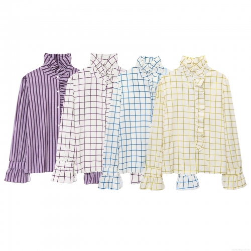 Women's Ruffled Stand-up Collar Plaid Shirt Long Sleeve Polyester Blouse Casual Streetwear Spring Autumn Fashion Daily Wear Button Down Elegant Top For Women