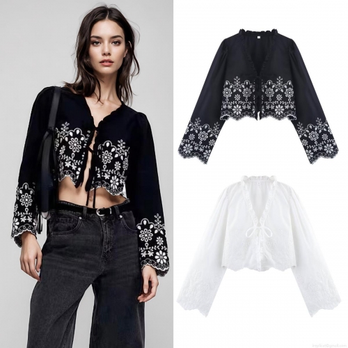 Women's Bohemian Floral Embroidered Cropped Blouse Long Sleeve V-Neck Lace Up Ruffle Shirt 100% Polyester Casual Streetwear Top Black White