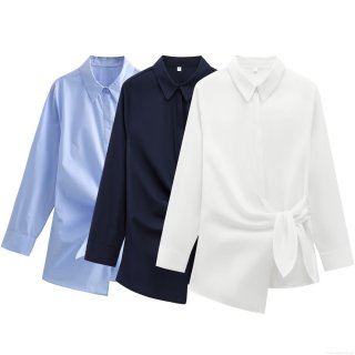 Women's Fashion Elegant Long Sleeve Ruched Poplin Shirt With Side Tie Twist Asymmetrical Hem Casual Lapel Blouse Top For Spring Autumn