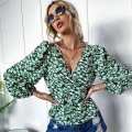 Women's Floral Print Wrap V Neck Blouse Lantern Sleeve Tie Waist Casual Summer Top Elegant Long Sleeve Chiffon Feel Shirt For Office Streetwear