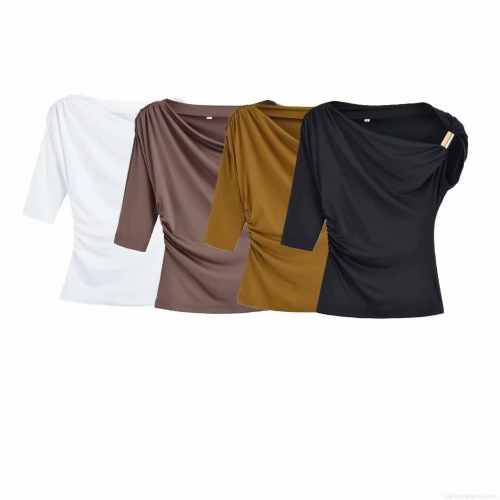Women's Asymmetrical One Shoulder Ruched Top Polyester Slim Fit Short Sleeve With Metal Ring Decor Summer Streetwear Casual Fashion Blouse