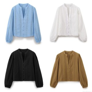 Women's Vintage Cotton Blend Embroidered Eyelet Blouse V Neck Lantern Long Sleeve Button Down Shirt Top Solid Color Casual Streetwear Top for Women