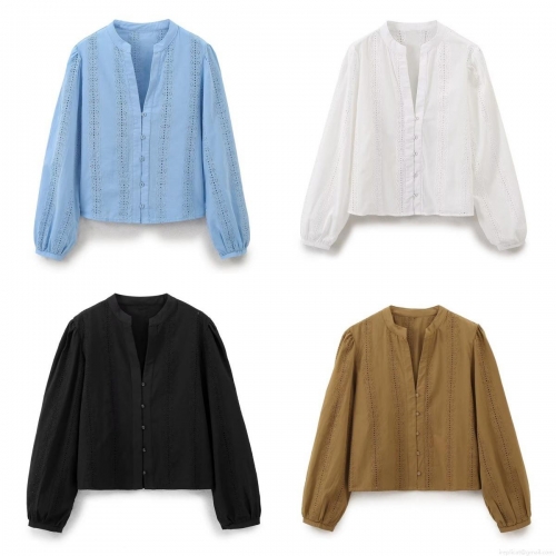 Women's Vintage Cotton Blend Embroidered Eyelet Blouse V Neck Lantern Long Sleeve Button Down Shirt Top Solid Color Casual Streetwear Top for Women