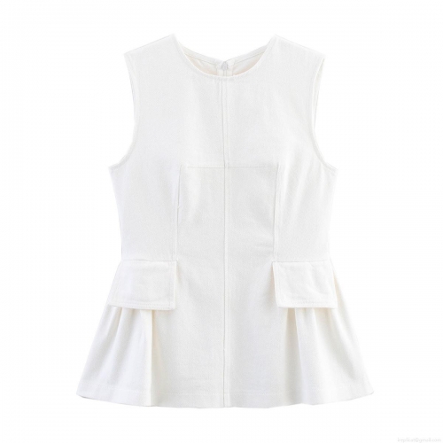 Women's Elegant Peplum Top Sleeveless Round Neck 100% Cotton Twill Blouse With Decorative Pocket Back Invisible Zipper Slim Fit Solid White Summer Street Style Shirt