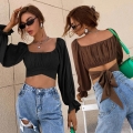 Sexy Square Neck Tie Back Crop Blouse Women Elegant Cotton Puff Long Sleeve Ruffle Trim Slim Fit Top For Summer Spring Party Lady