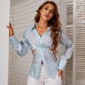 Women Elegant Satin Blouse Cross Knot Hollow Out Long Sleeve Shirt Metallic Luster Solid Color V-Neck Blouses For Office Party Lady Casual Top
