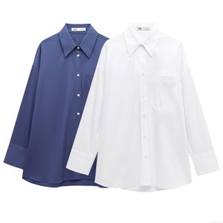 Women's Lapel Collar Long Sleeve Button Down Shirt Polyester Cotton Blend Solid Color Oversized Blouse With Chest Pocket Casual Streetwear Tops