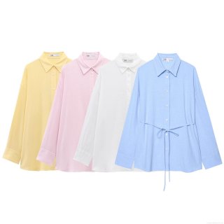 Women's Casual Cotton Linen Blend Long Sleeve Blouse Tie Waist Button Down Shirt Lapel Collar Loose Fit Solid Color Tops Streetwear for Spring Summer