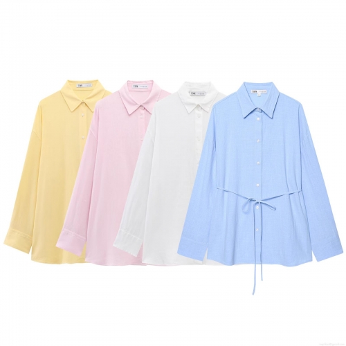 Women's Casual Cotton Linen Blend Long Sleeve Blouse Tie Waist Button Down Shirt Lapel Collar Loose Fit Solid Color Tops Streetwear for Spring Summer