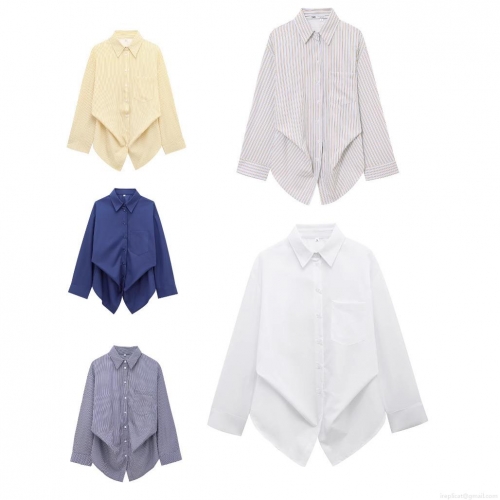 Women Striped Polyester Shirt Casual Batwing Long Sleeve Blouse Lapel Neck Asymmetric Twist Knot Hem Single Breasted Top Fashion Streetwear Ladies